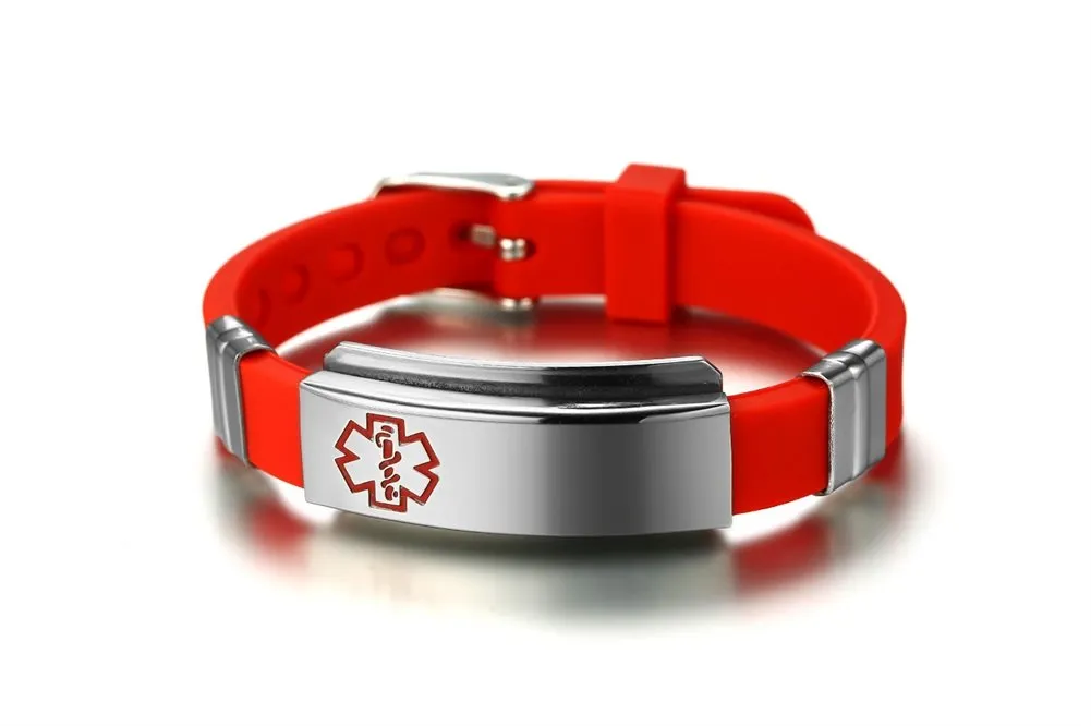 Vnox Braccialetto registrabile SOS per l'allarme medico silicone in acciaio inossidabile libero per gli uomini Donne Rosso - immagine 4
