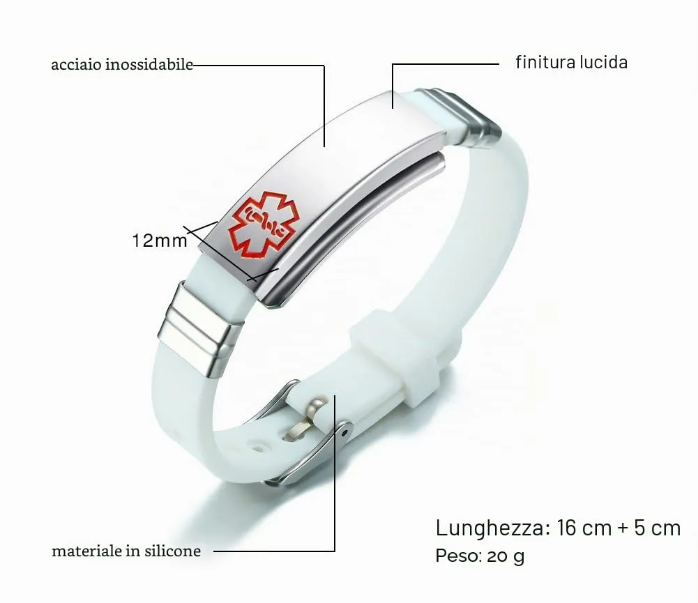 Vnox Braccialetto Regolabile SOS Adesivo Medico di Silicone in Acciaio Inossidabile Libero per Gli Uomini Bianco - immagine 2