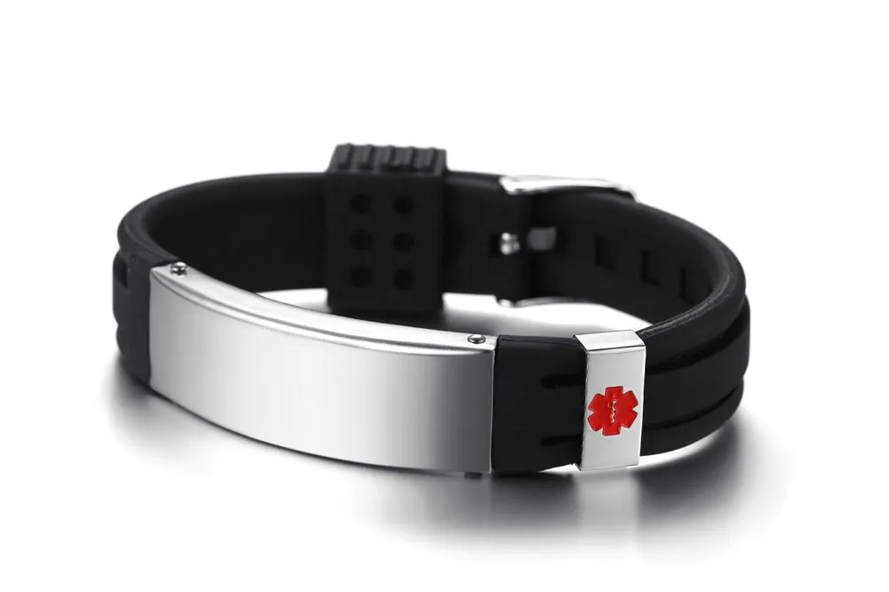 Vnox Personalizzazione Acciaio Inossidabile Personalizzato ID Avviso Medico Bracciale Gomma Regolabile ID Messaggio Medico Bracciale in Silicone - immagine 3