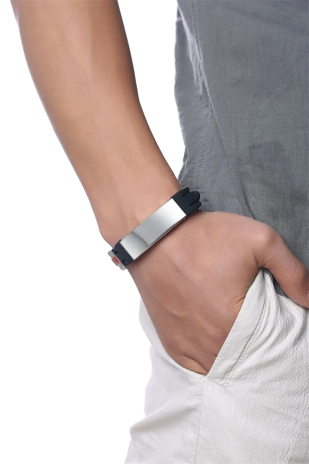 Vnox Personalizzazione Acciaio Inossidabile Personalizzato ID Avviso Medico Bracciale Gomma Regolabile ID Messaggio Medico Bracciale in Silicone - immagine 6