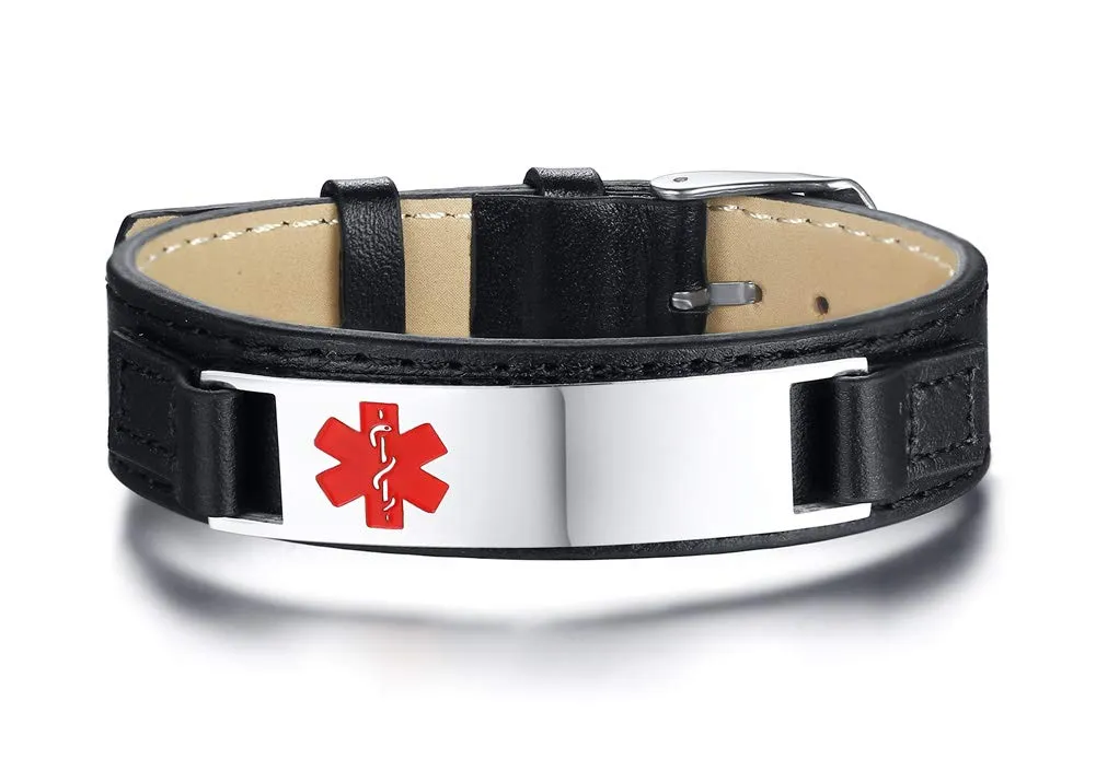 Vnox Incisione Gratuita Tag Di Identificazione Medica Su Misura Pelle Braccialetto Personalizzato,Regolabile,15-19.5cm - immagine 1