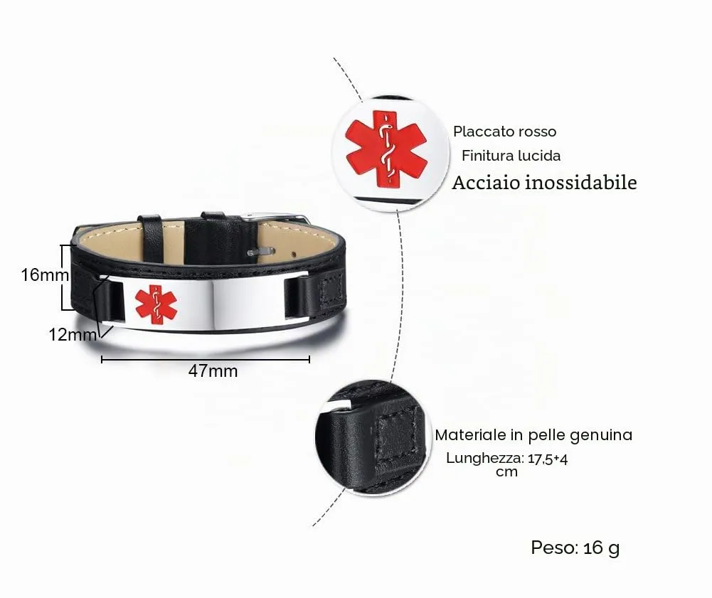 Vnox Incisione Gratuita Tag Di Identificazione Medica Su Misura Pelle Braccialetto Personalizzato,Regolabile,15-19.5cm - immagine 2