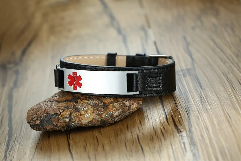 Vnox Incisione Gratuita Tag Di Identificazione Medica Su Misura Pelle Braccialetto Personalizzato,Regolabile,15-19.5cm - immagine 3