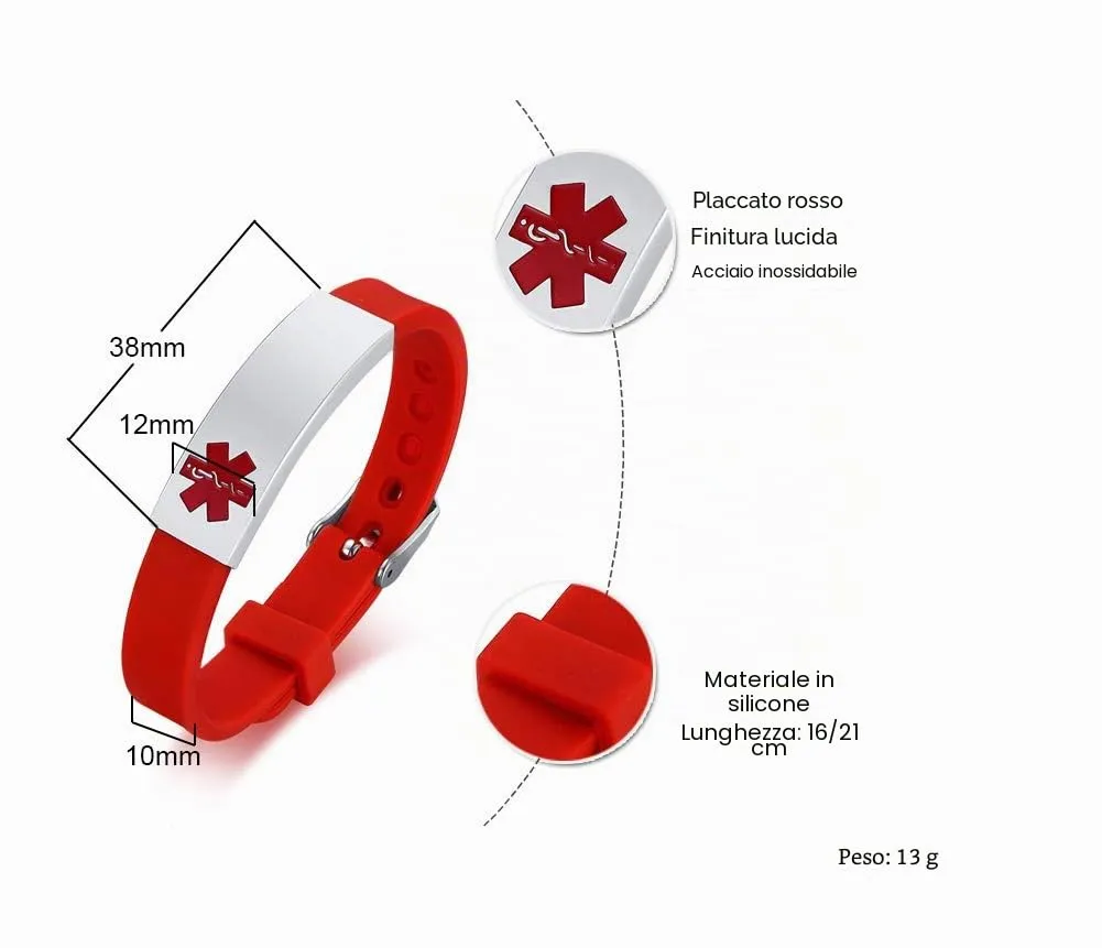 Vnox Braccialetto Regolabile del Polsino del Silicone di Identificazione Medica Personalizzata su Misura di Acciaio Inossidabile Rosso,Inciso Libero - immagine 2