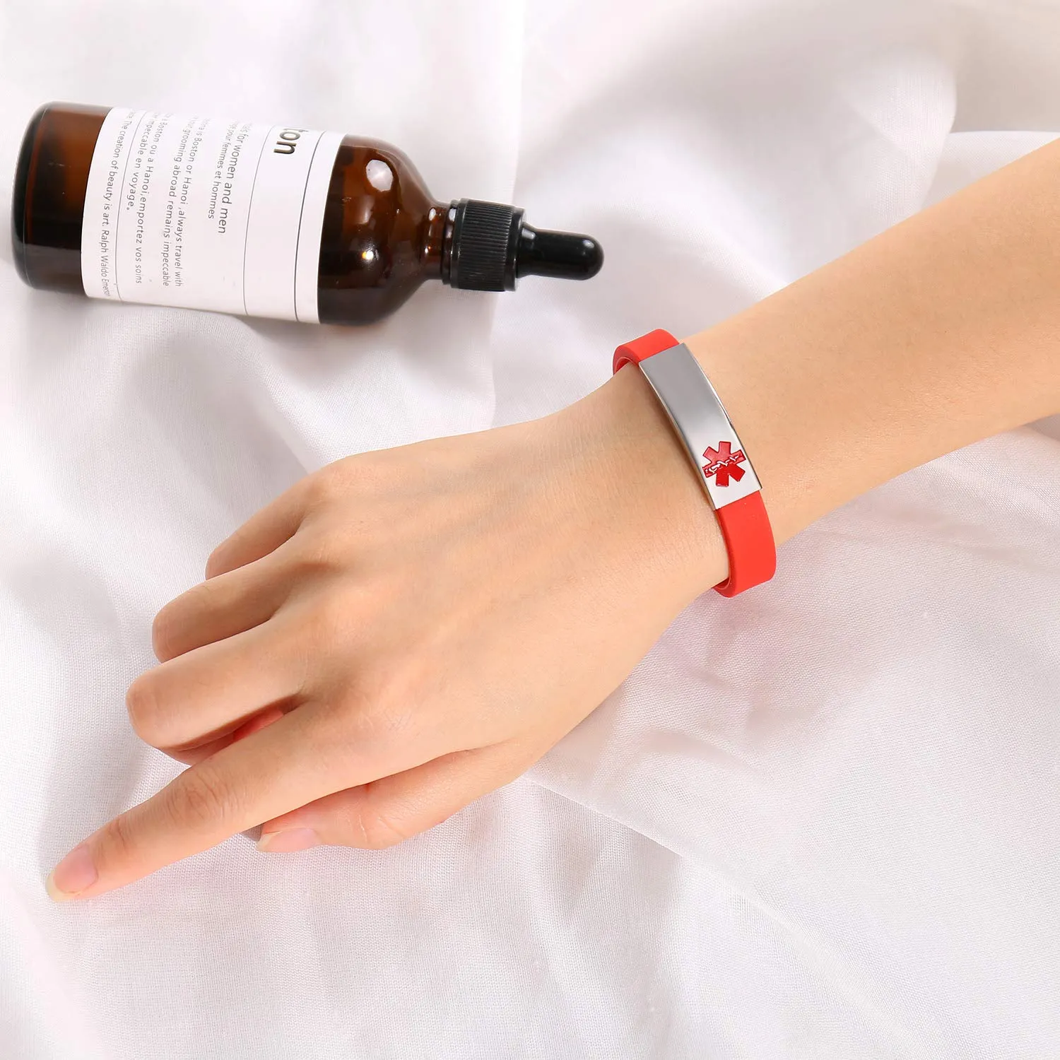 Vnox Braccialetto Regolabile del Polsino del Silicone di Identificazione Medica Personalizzata su Misura di Acciaio Inossidabile Rosso,Inciso Libero - immagine 5