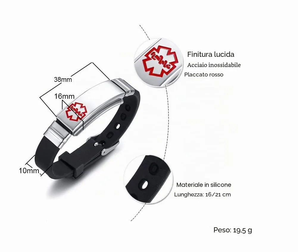 Vnox Free Acciaio Inossidabile Inciso Silicone Nero Medical Alert ID SOS Bracciale Regolabile per Uomo Donna - immagine 2