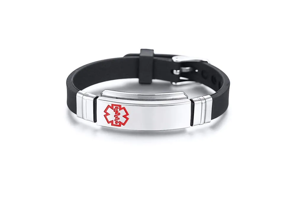 Vnox Free Acciaio Inossidabile Inciso Silicone Nero Medical Alert ID SOS Bracciale Regolabile per Uomo Donna - immagine 3