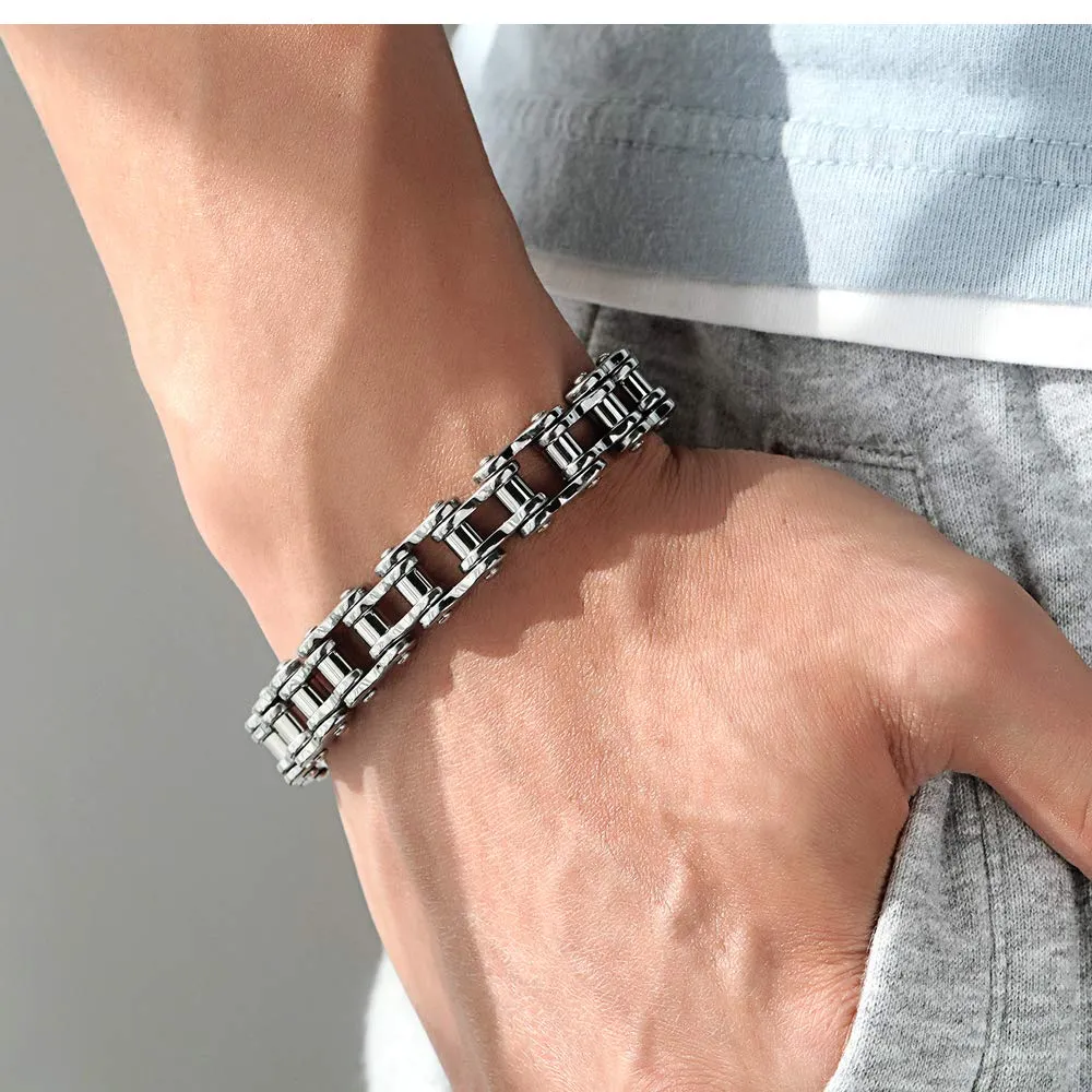 OSTAN Uomo Gioielli Acciaio Inossidabile Cinturino da Motociclista Bracciale Catena della Bicicletta Pesante Braccialetto Bangle (argento, 21.5) - immagine 5