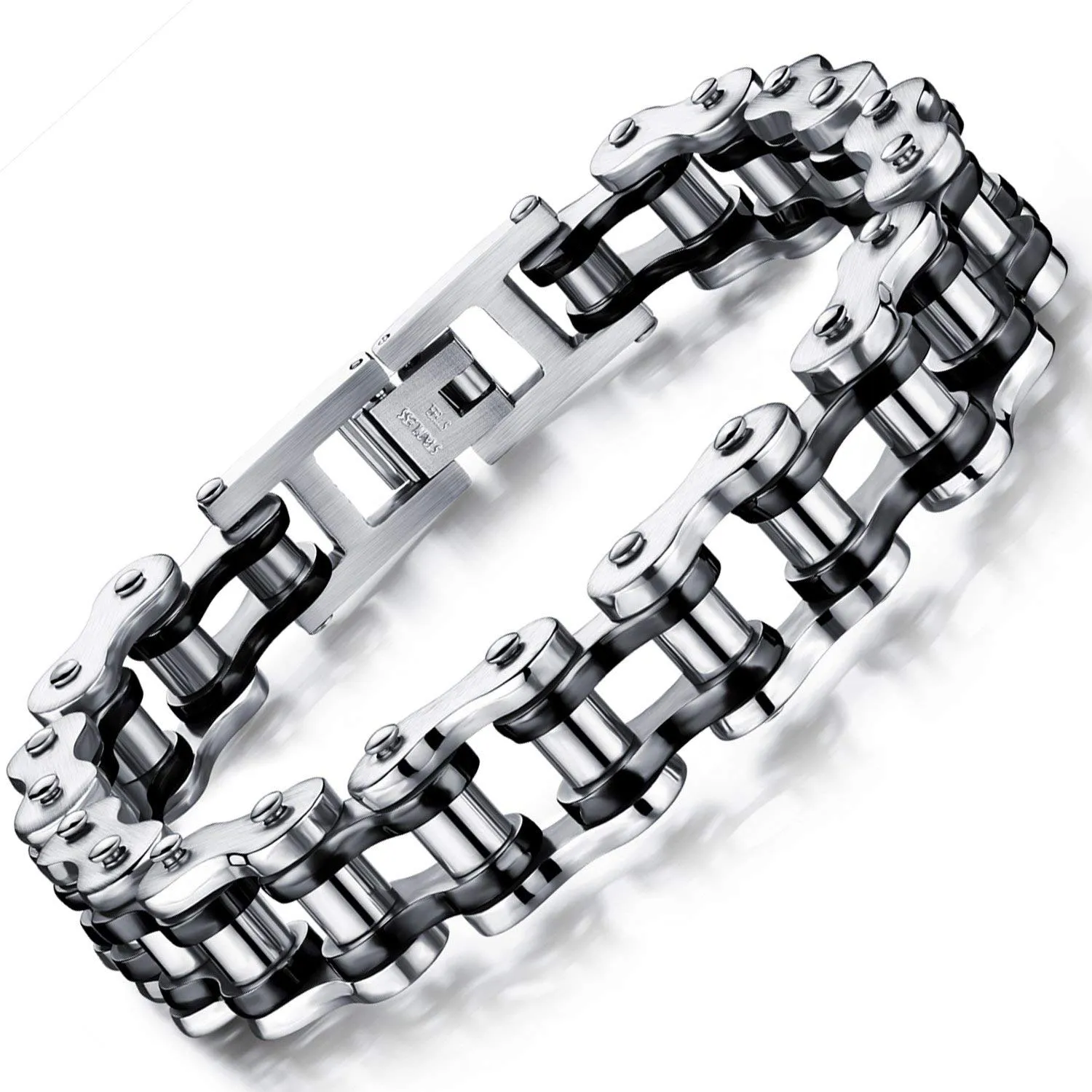 OSTAN Uomo Gioielli Acciaio Inossidabile Cinturino da Motociclista Bracciale Catena della Bicicletta Pesante Braccialetto Bangle (nero + argento, 21.5) - immagine 1