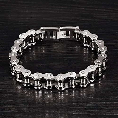 OSTAN Uomo Gioielli Acciaio Inossidabile Cinturino da Motociclista Bracciale Catena della Bicicletta Pesante Braccialetto Bangle (nero + argento, 21.5) - immagine 2