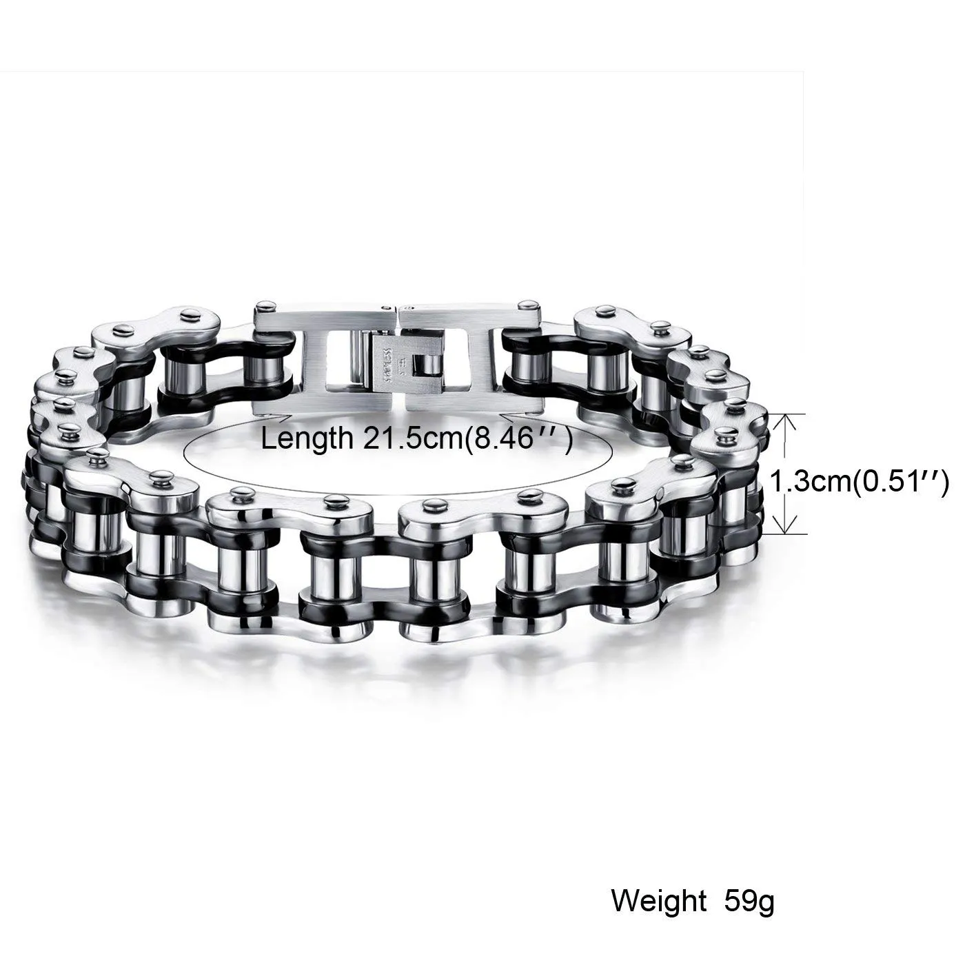 OSTAN Uomo Gioielli Acciaio Inossidabile Cinturino da Motociclista Bracciale Catena della Bicicletta Pesante Braccialetto Bangle (nero + argento, 21.5) - immagine 3
