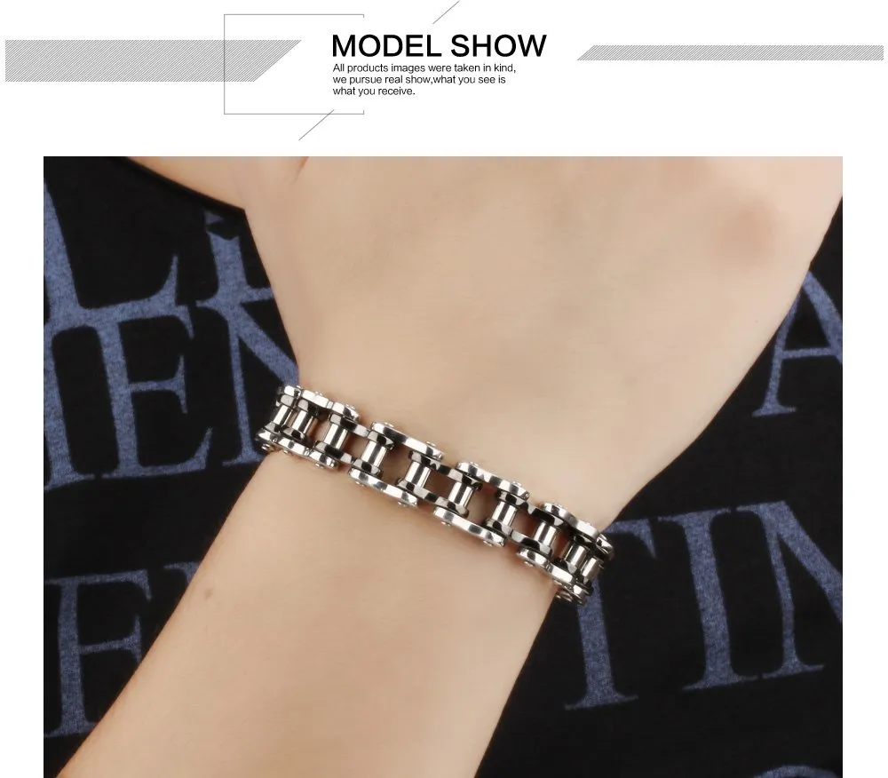OSTAN Uomo Gioielli Acciaio Inossidabile Cinturino da Motociclista Bracciale Catena della Bicicletta Pesante Braccialetto Bangle (nero + argento, 21.5) - immagine 4