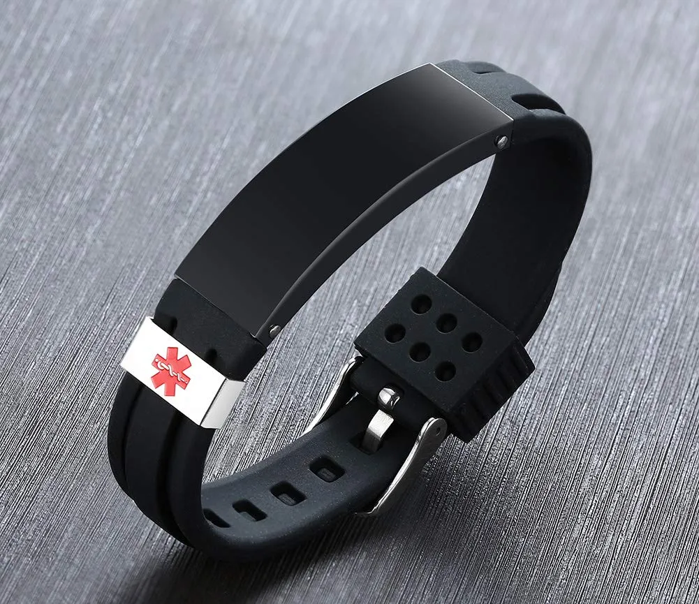 Vnox Personalizzazione Acciaio Inossidabile Personalizzato ID Avviso Medico Bracciale Gomma Regolabile ID Messaggio Medico Bracciale in Silicone - immagine 3
