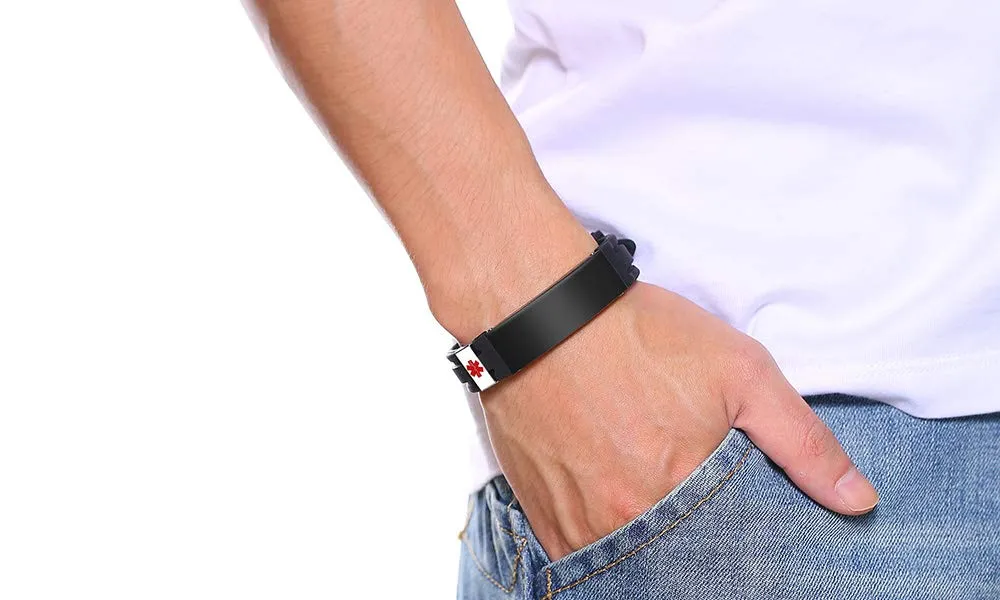 Vnox Personalizzazione Acciaio Inossidabile Personalizzato ID Avviso Medico Bracciale Gomma Regolabile ID Messaggio Medico Bracciale in Silicone - immagine 6