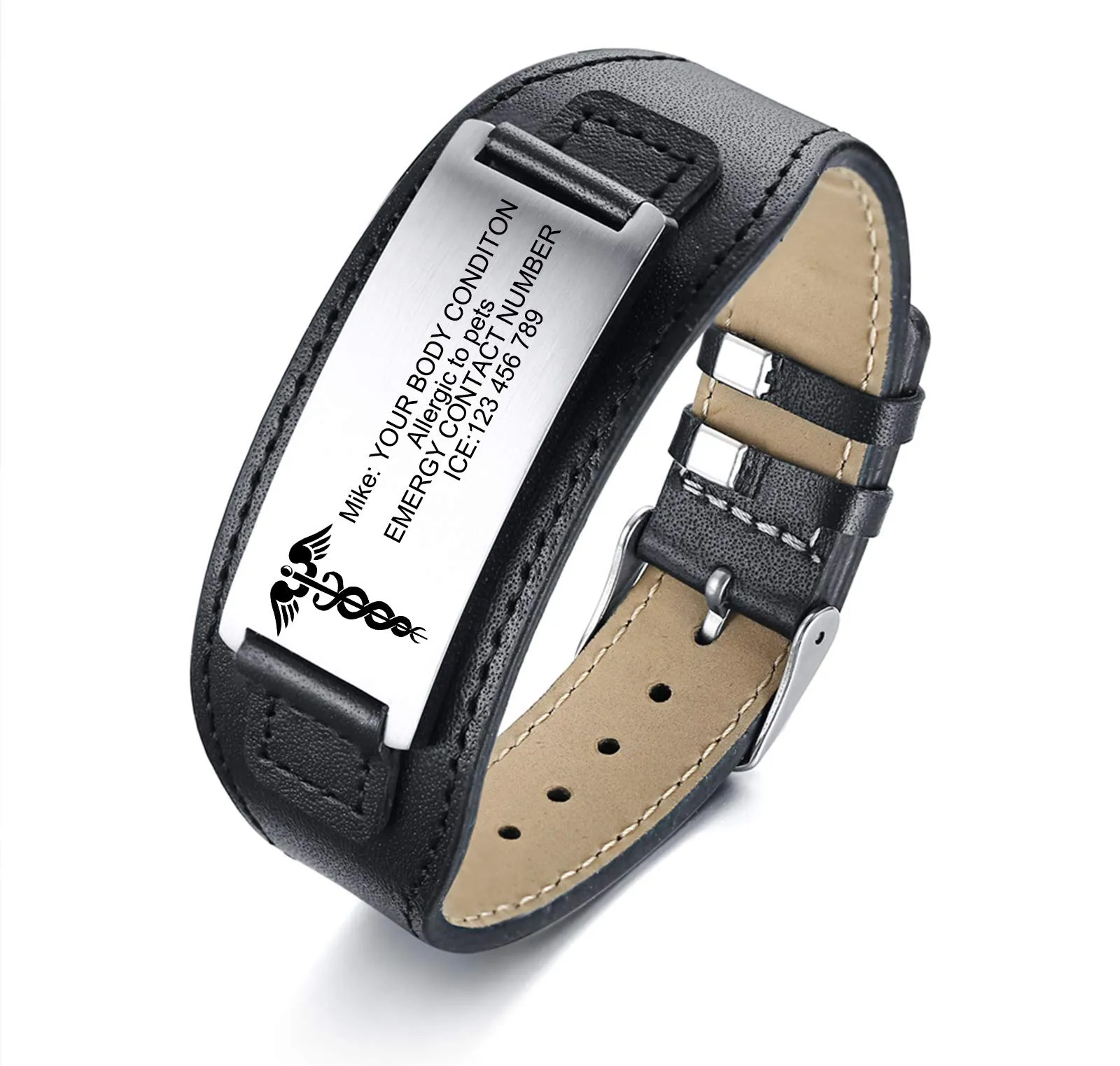 Vnox Braccialetto da Uomo in Pelle con ID Medico Personalizzato da Uomo in Pelle Intrecciata Bracciale con Avviso Medico per Uomo Coppia con Nomi di Famiglia - Regalo di Natale di Compleanno - immagine 1