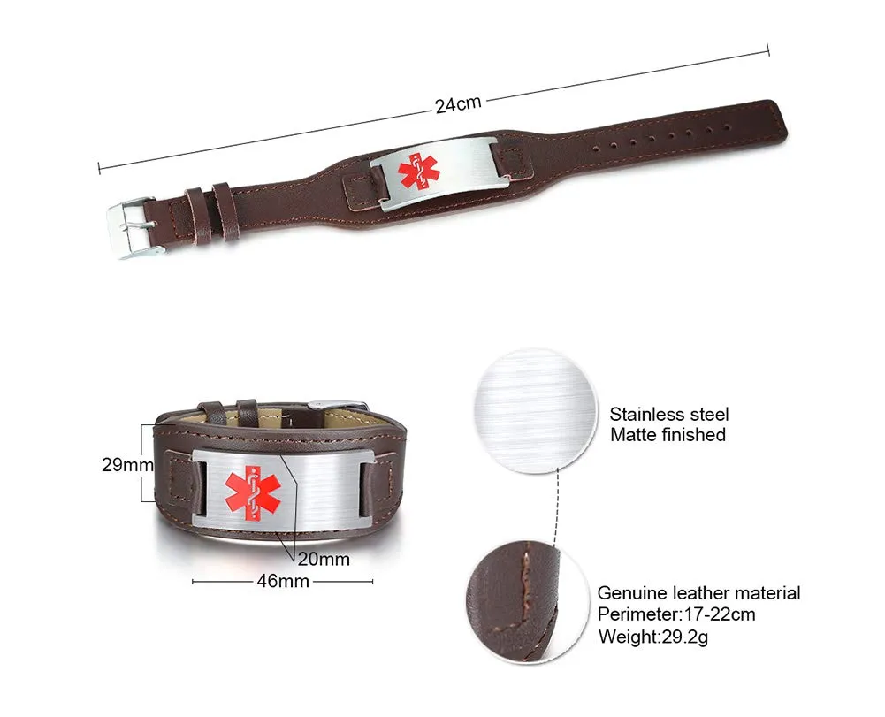 Vnox Braccialetto da Uomo in Pelle con ID Medico Personalizzato da Uomo in Pelle Intrecciata Bracciale con Avviso Medico per Uomo Coppia con Nomi di Famiglia - Regalo di Natale di Compleanno - immagine 2