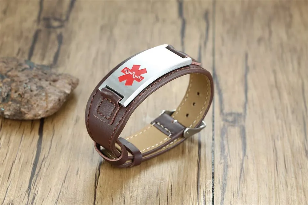 Vnox Braccialetto da Uomo in Pelle con ID Medico Personalizzato da Uomo in Pelle Intrecciata Bracciale con Avviso Medico per Uomo Coppia con Nomi di Famiglia - Regalo di Natale di Compleanno - immagine 3