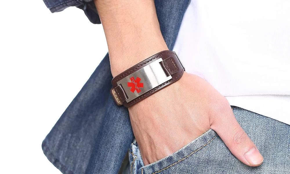 Vnox Braccialetto da Uomo in Pelle con ID Medico Personalizzato da Uomo in Pelle Intrecciata Bracciale con Avviso Medico per Uomo Coppia con Nomi di Famiglia - Regalo di Natale di Compleanno - immagine 6