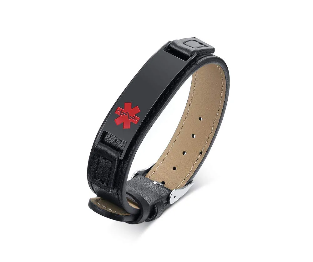 Vnox Incisione Gratuita Tag di Identificazione Medica su Misura Pelle Braccialetto Personalizzato,Regolabile,15-19.5cm - immagine 1