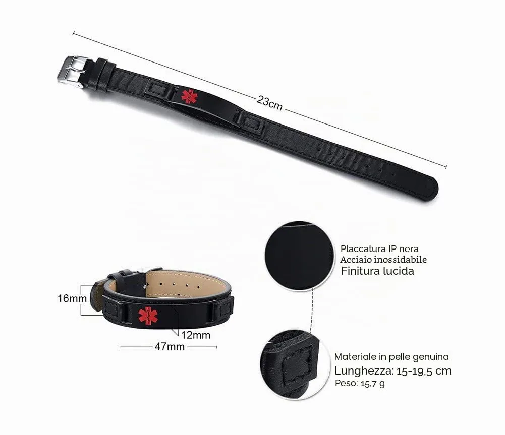 Vnox Incisione Gratuita Tag di Identificazione Medica su Misura Pelle Braccialetto Personalizzato,Regolabile,15-19.5cm - immagine 2