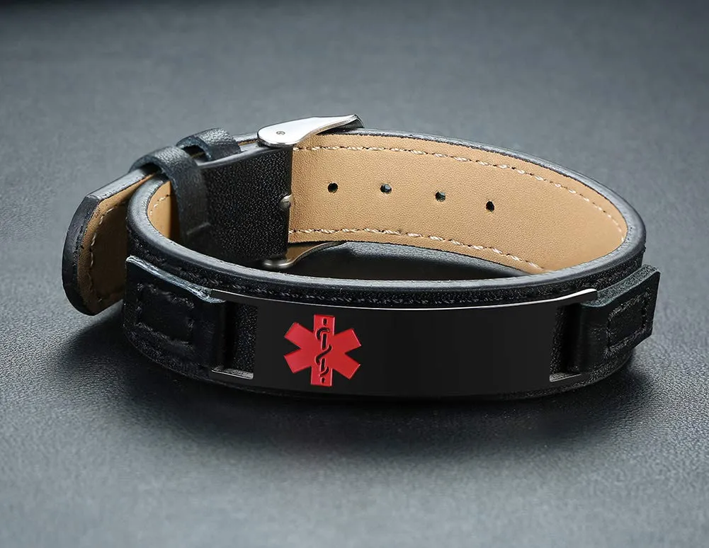 Vnox Incisione Gratuita Tag di Identificazione Medica su Misura Pelle Braccialetto Personalizzato,Regolabile,15-19.5cm - immagine 3