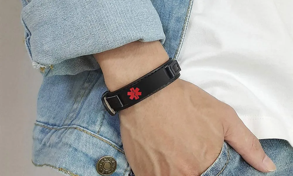 Vnox Incisione Gratuita Tag di Identificazione Medica su Misura Pelle Braccialetto Personalizzato,Regolabile,15-19.5cm - immagine 5