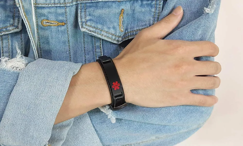 Vnox Incisione Gratuita Tag di Identificazione Medica su Misura Pelle Braccialetto Personalizzato,Regolabile,15-19.5cm - immagine 6