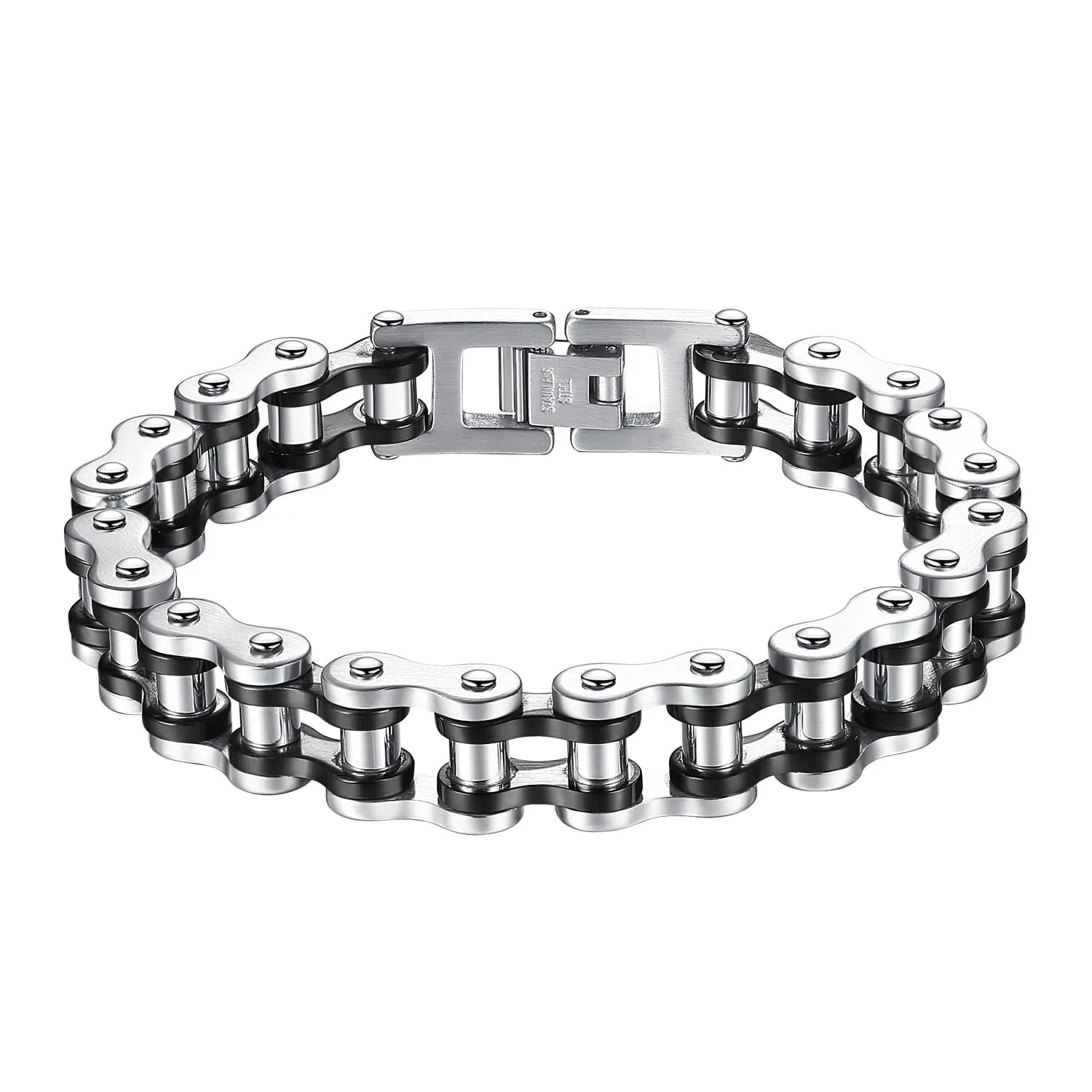 OSTAN Uomo Gioielli Acciaio Inossidabile Cinturino da Motociclista Bracciale Catena della Bicicletta Pesante Braccialetto Bangle (nero + argento, 20) - immagine 1