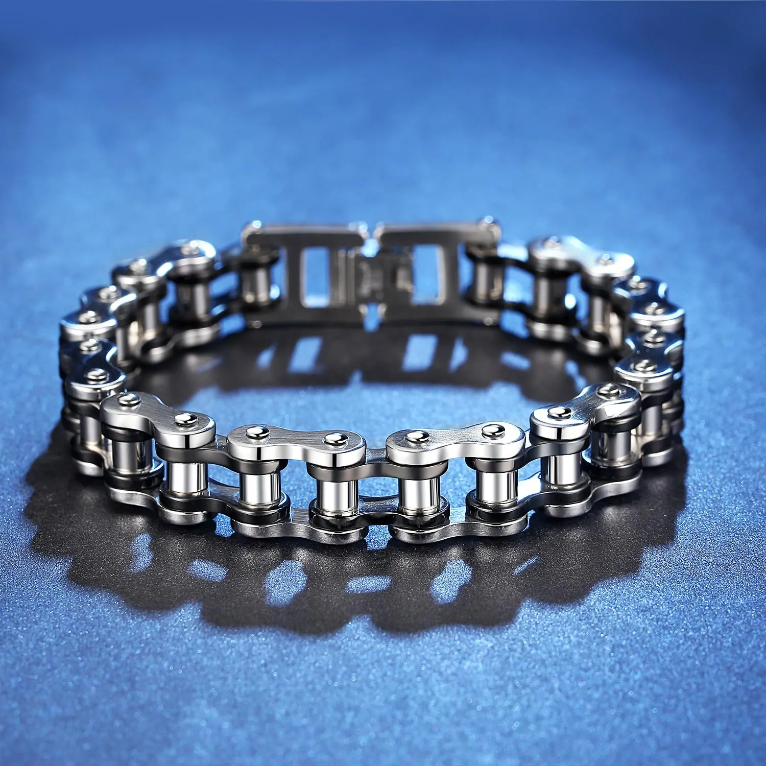 OSTAN Uomo Gioielli Acciaio Inossidabile Cinturino da Motociclista Bracciale Catena della Bicicletta Pesante Braccialetto Bangle (nero + argento, 20) - immagine 2