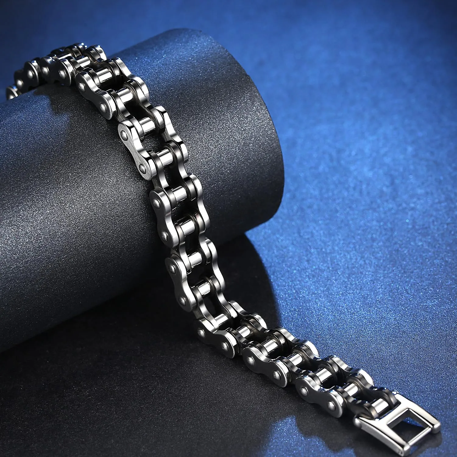 OSTAN Uomo Gioielli Acciaio Inossidabile Cinturino da Motociclista Bracciale Catena della Bicicletta Pesante Braccialetto Bangle (nero + argento, 20) - immagine 3