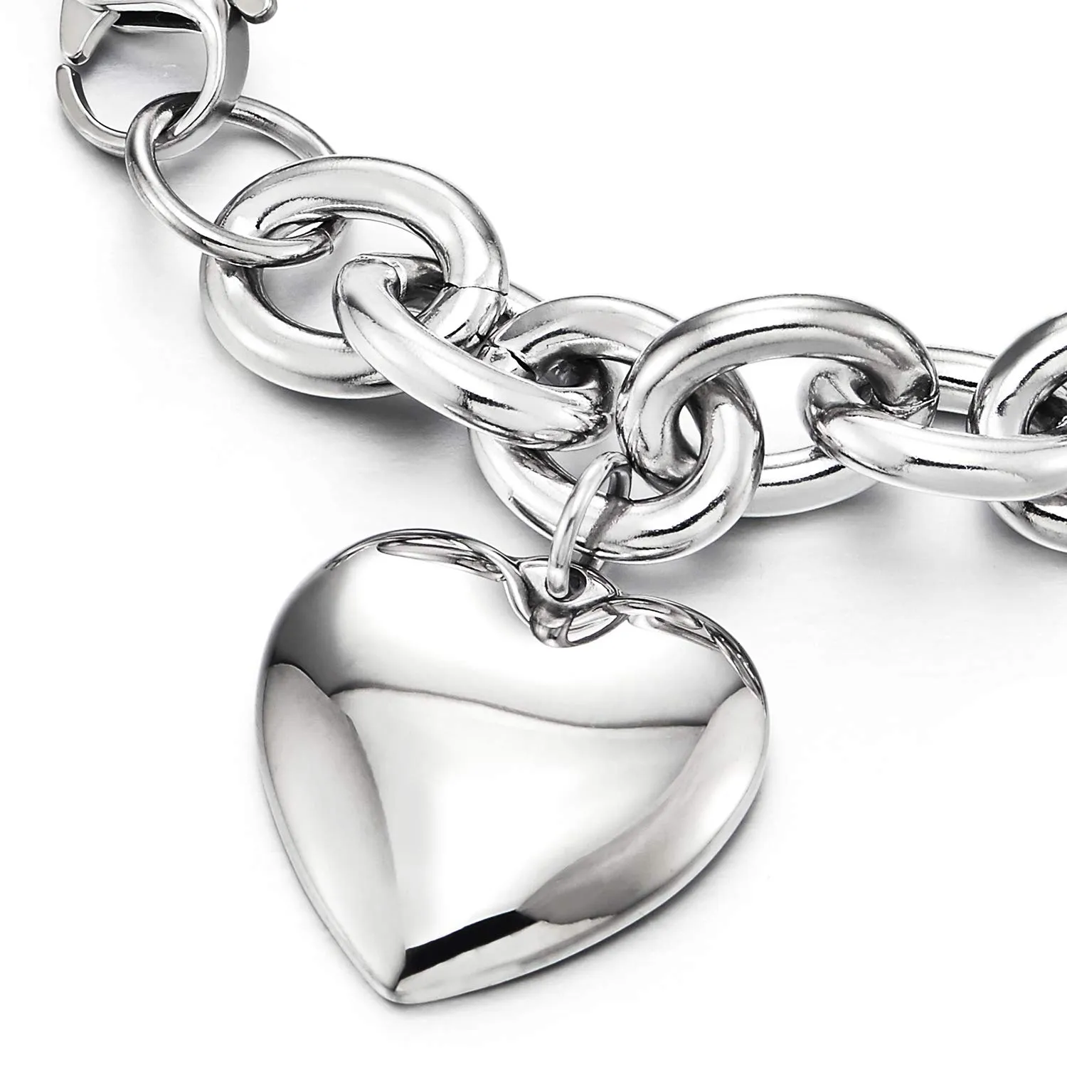 COOLSTEELANDBEYOND Rolo Catena Charm Bracciale Soffio Cuore, Donna, Braccialetto di Fascino, Acciaio Inossidabile, Link Lucido - immagine 2