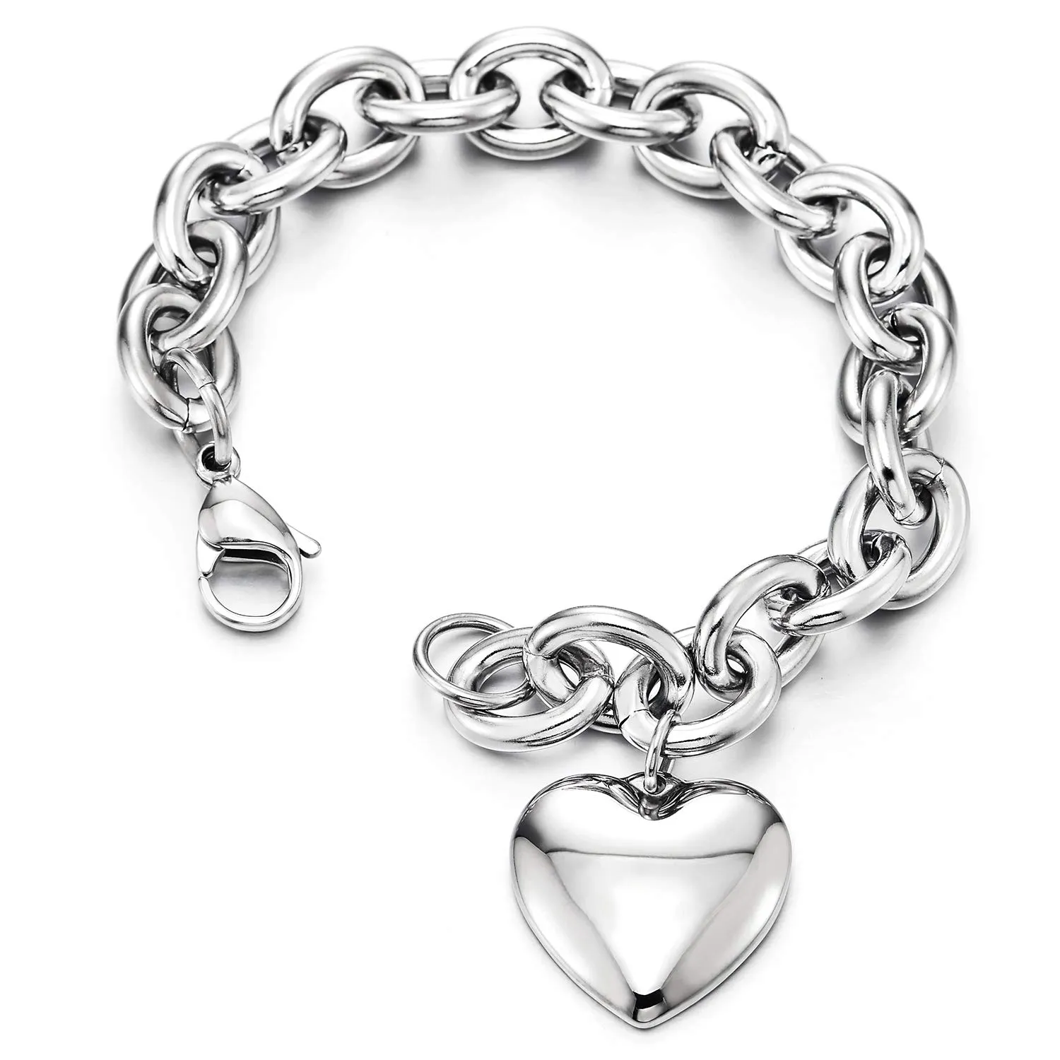 COOLSTEELANDBEYOND Rolo Catena Charm Bracciale Soffio Cuore, Donna, Braccialetto di Fascino, Acciaio Inossidabile, Link Lucido - immagine 3