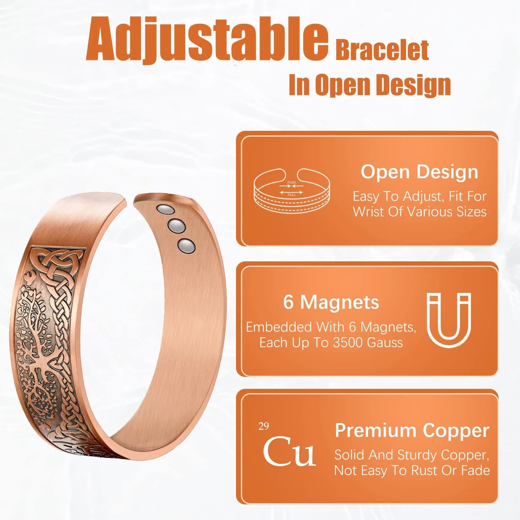 Jeracol Braccialetto magnetico in rame per uomo e donna, albero della vita, 100% rame massiccio, bracciale rigido a fascia con 6 magneti 3500 guass, misura regolabile - immagine 2