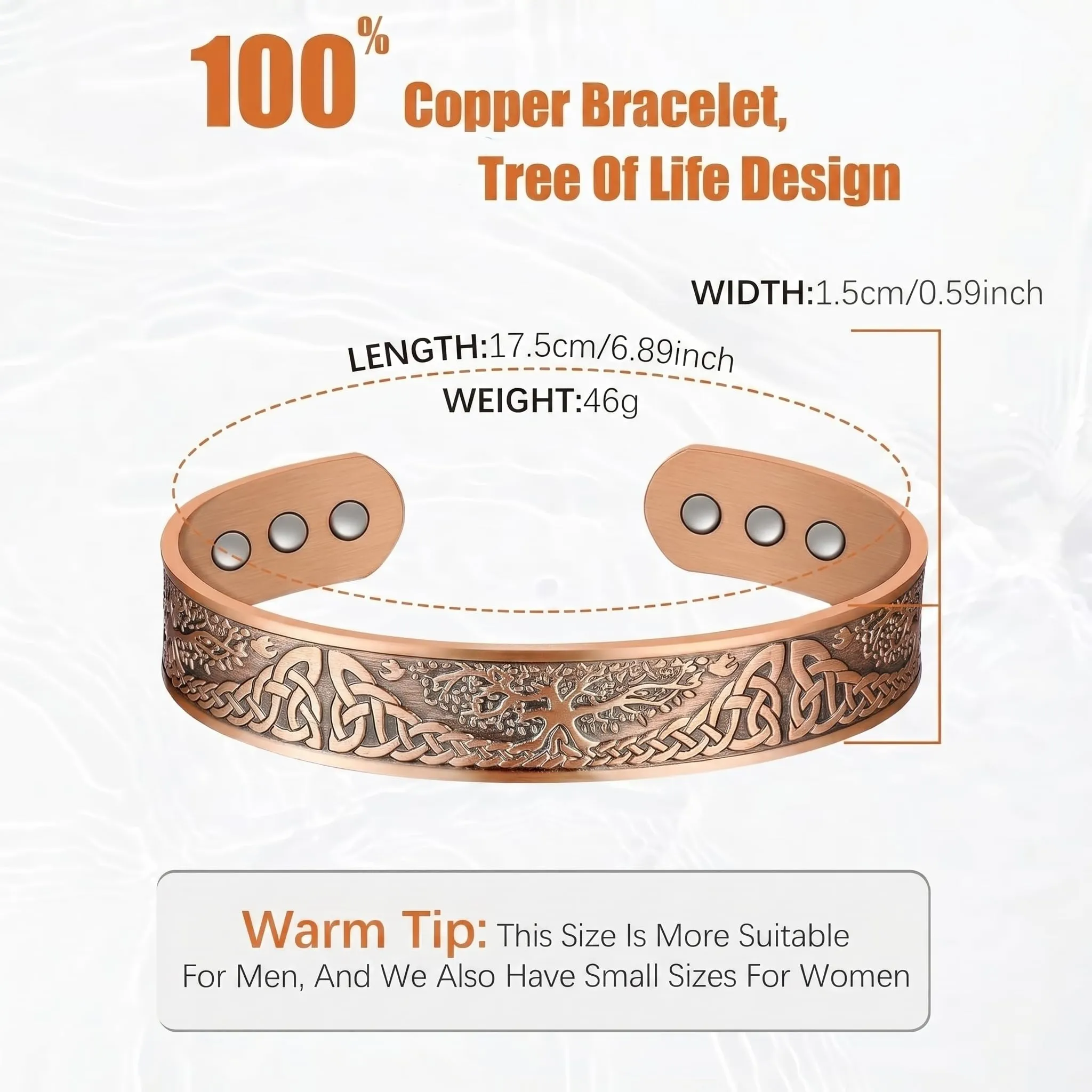 Jeracol Braccialetto magnetico in rame per uomo e donna, albero della vita, 100% rame massiccio, bracciale rigido a fascia con 6 magneti 3500 guass, misura regolabile - immagine 3