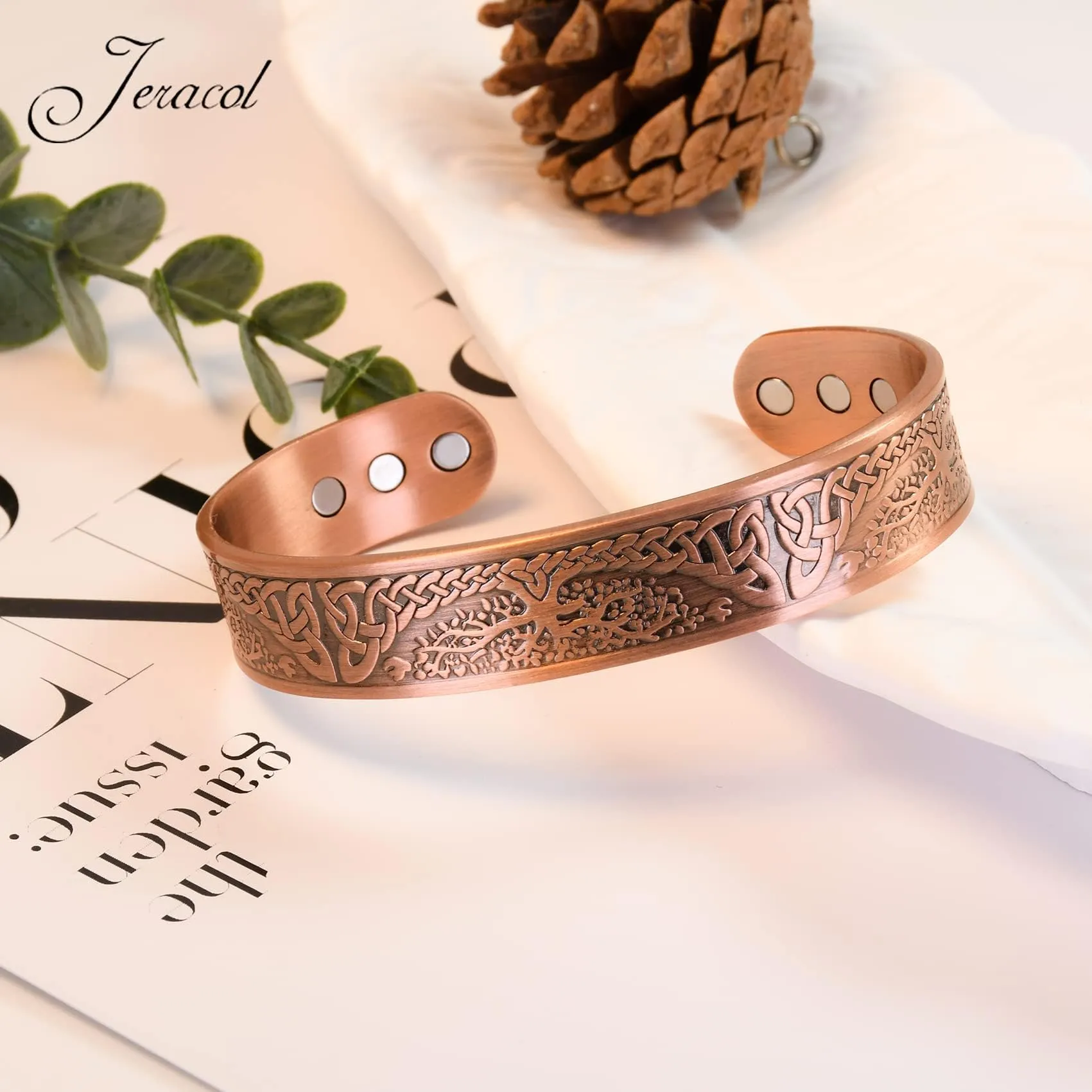 Jeracol Braccialetto magnetico in rame per uomo e donna, albero della vita, 100% rame massiccio, bracciale rigido a fascia con 6 magneti 3500 guass, misura regolabile - immagine 4