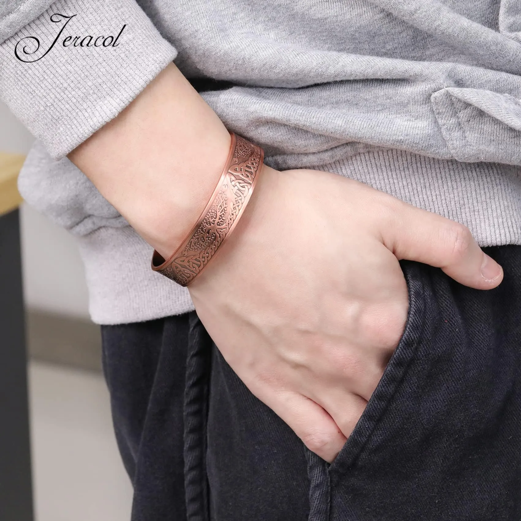 Jeracol Braccialetto magnetico in rame per uomo e donna, albero della vita, 100% rame massiccio, bracciale rigido a fascia con 6 magneti 3500 guass, misura regolabile - immagine 7