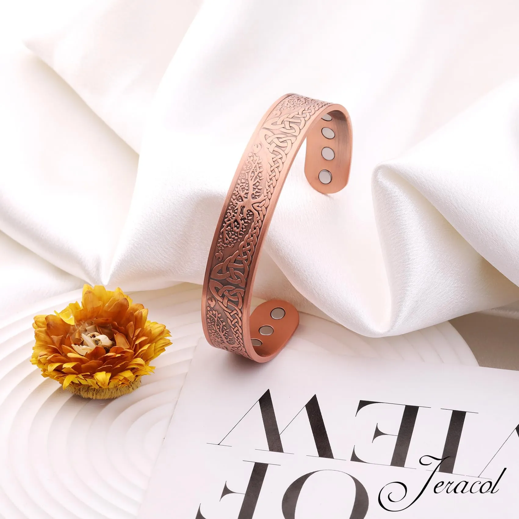 Jeracol Braccialetto magnetico in rame per uomo e donna, albero della vita, 100% rame massiccio, bracciale rigido a fascia con 6 magneti 3500 guass, misura regolabile - immagine 8