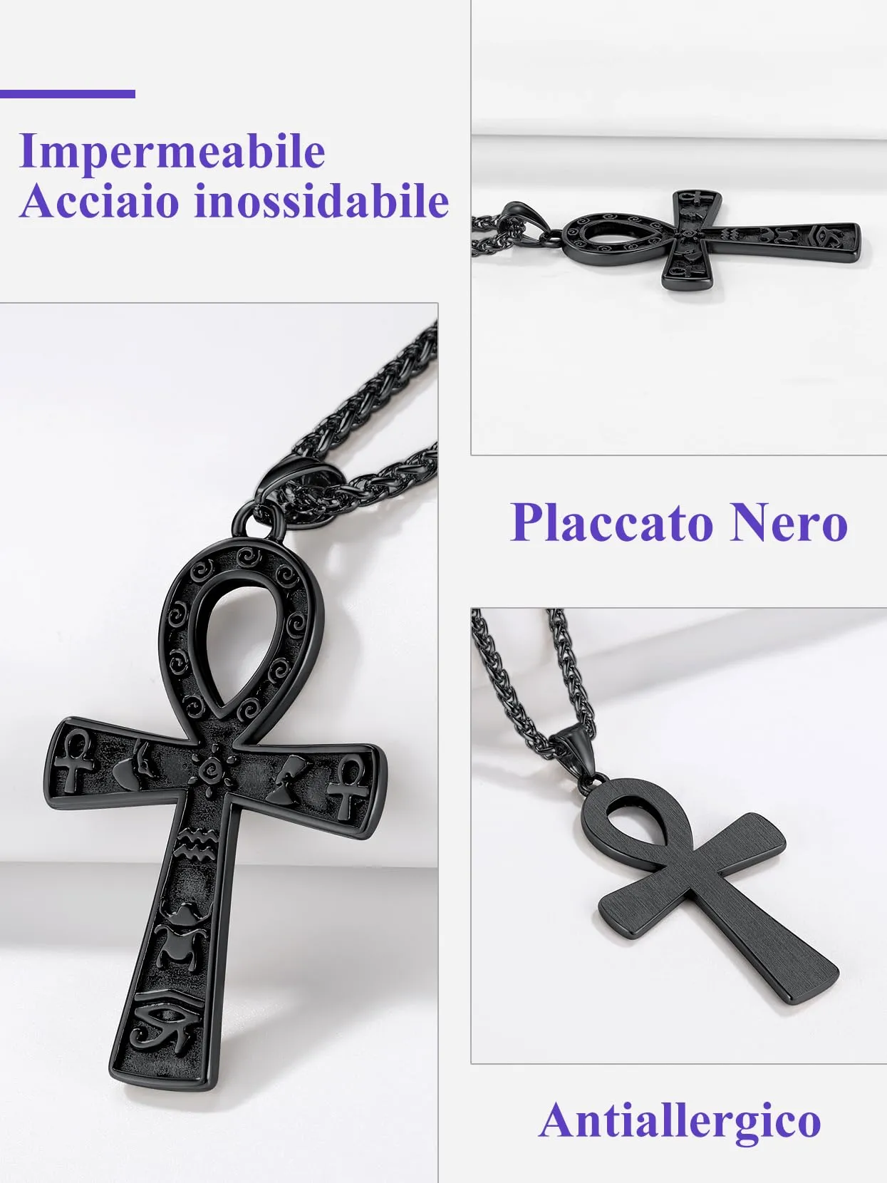 Richsteel Egiziano Ankh Collana Pendente Croce di Ankh dall'Egitto Acciaio Inossidabile/Oro/Nero Catena 55+5 cm Gioielli Africani Fantasia Regalo Originale per Donna Uomo Adolescente Ragazzi - immagine 2