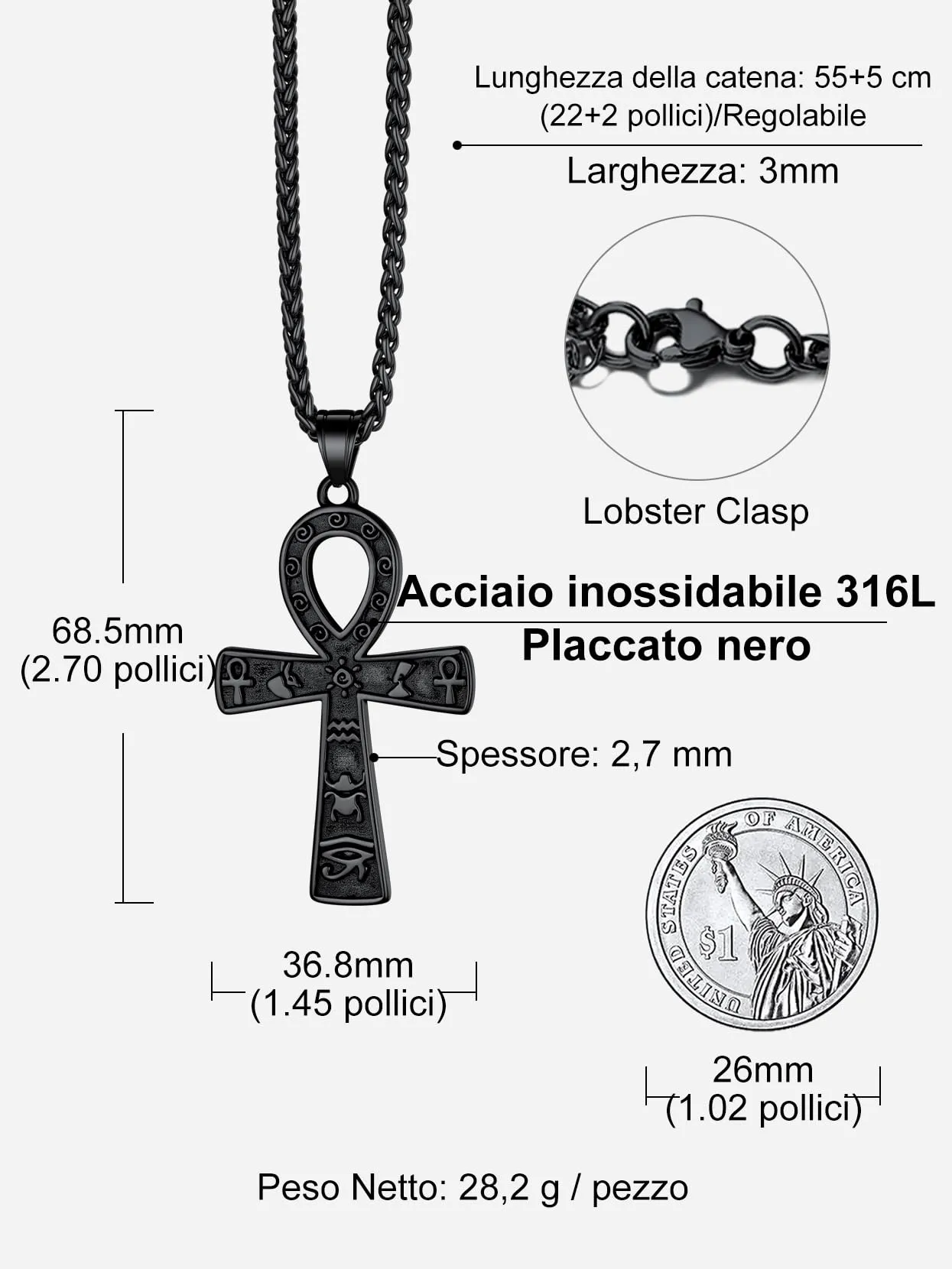 Richsteel Egiziano Ankh Collana Pendente Croce di Ankh dall'Egitto Acciaio Inossidabile/Oro/Nero Catena 55+5 cm Gioielli Africani Fantasia Regalo Originale per Donna Uomo Adolescente Ragazzi - immagine 4