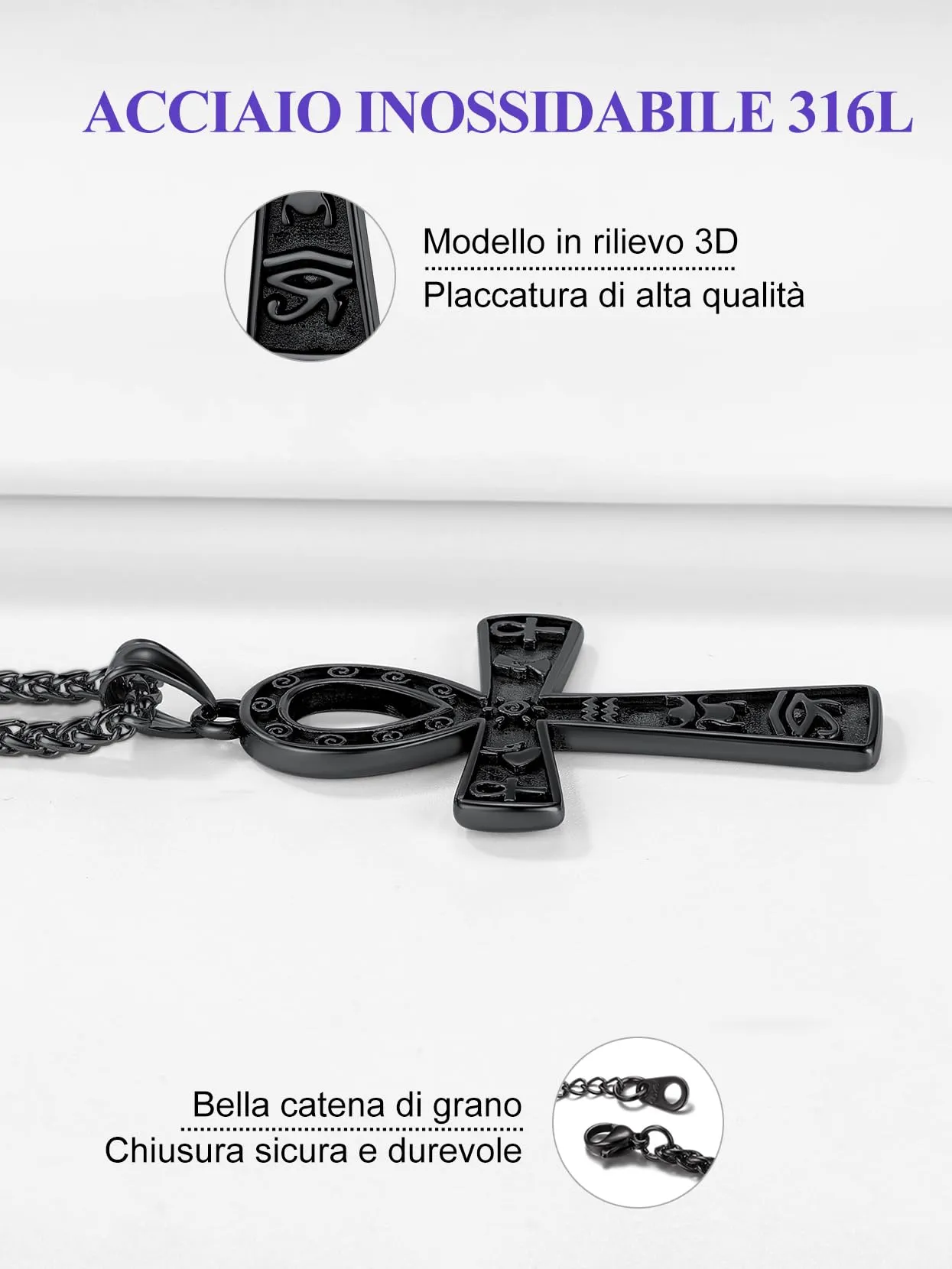 Richsteel Egiziano Ankh Collana Pendente Croce di Ankh dall'Egitto Acciaio Inossidabile/Oro/Nero Catena 55+5 cm Gioielli Africani Fantasia Regalo Originale per Donna Uomo Adolescente Ragazzi - immagine 7