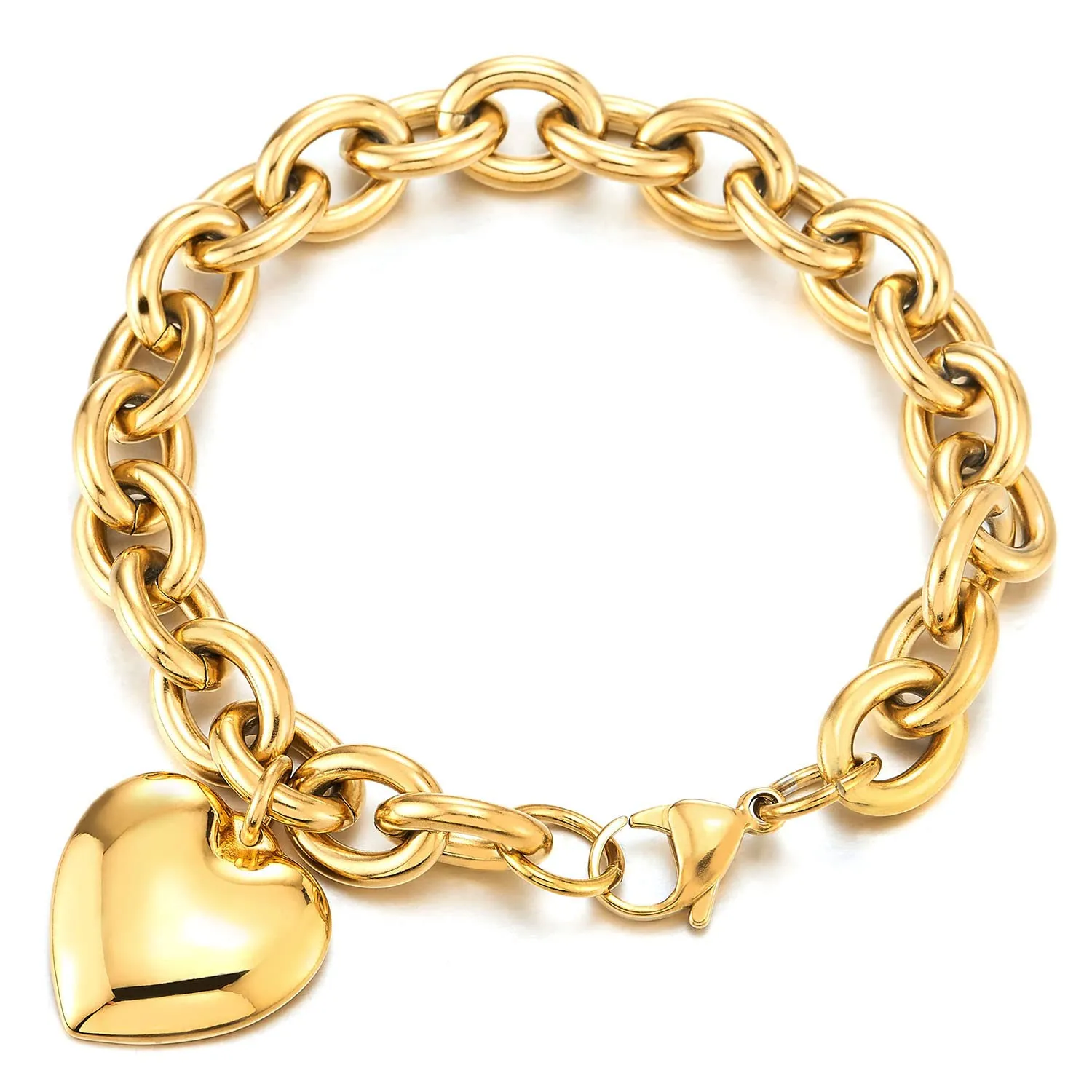 COOLSTEELANDBEYOND Oro Color Rolo Catena Charm Bracciale Soffio Cuore, Braccialetto di Fascino, Acciaio Inossidabile, Link Lucido - immagine 1