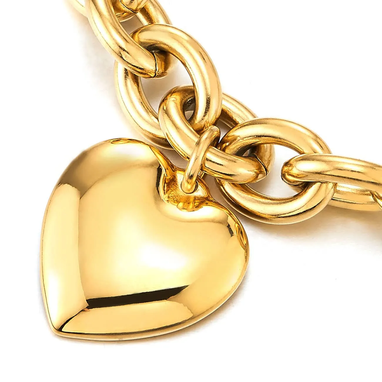 COOLSTEELANDBEYOND Oro Color Rolo Catena Charm Bracciale Soffio Cuore, Braccialetto di Fascino, Acciaio Inossidabile, Link Lucido - immagine 2