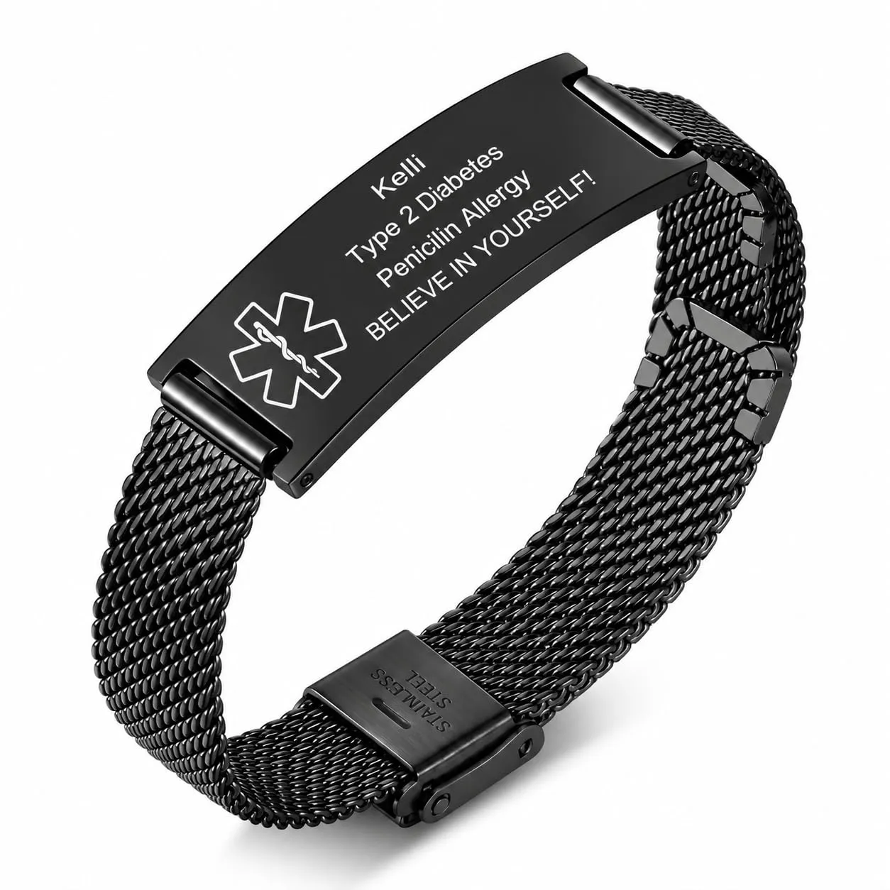 Vnox Bracciale Di Emergenza Bracciale Personalizzato Per Donne Mediche: Bracciali ID Personalizzati Incisione Bracciale Medico Regolabile In Acciaio Inossidabile Da Uomo,Nero - immagine 1