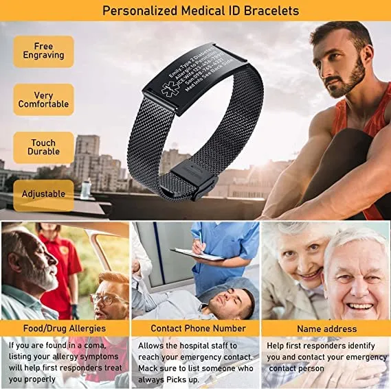 Vnox Bracciale Di Emergenza Bracciale Personalizzato Per Donne Mediche: Bracciali ID Personalizzati Incisione Bracciale Medico Regolabile In Acciaio Inossidabile Da Uomo,Nero - immagine 2