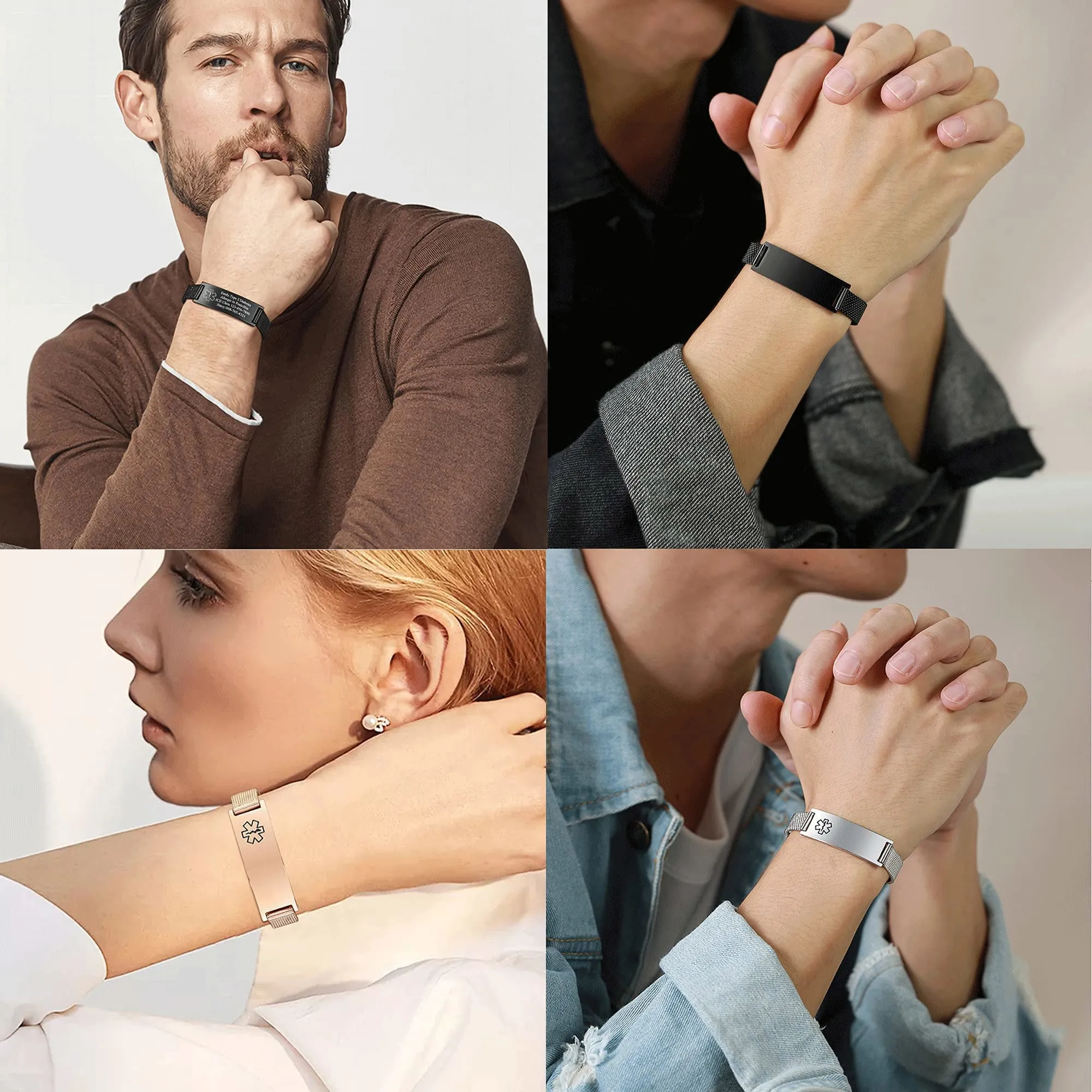 Vnox Bracciale Di Emergenza Bracciale Personalizzato Per Donne Mediche: Bracciali ID Personalizzati Incisione Bracciale Medico Regolabile In Acciaio Inossidabile Da Uomo,Nero - immagine 3