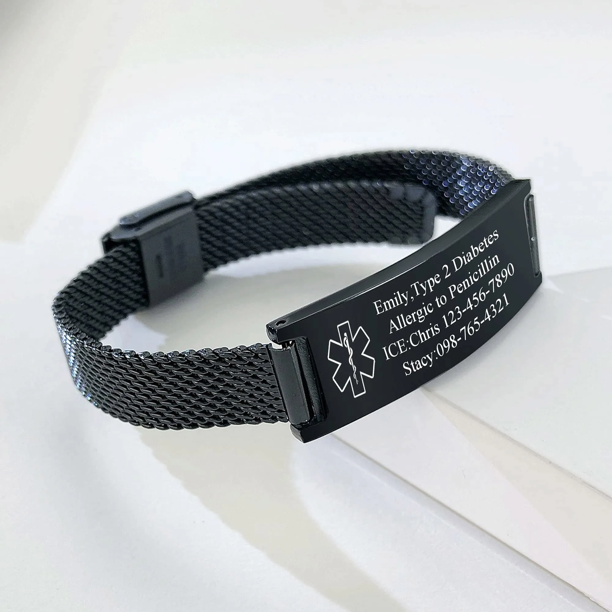 Vnox Bracciale Di Emergenza Bracciale Personalizzato Per Donne Mediche: Bracciali ID Personalizzati Incisione Bracciale Medico Regolabile In Acciaio Inossidabile Da Uomo,Nero - immagine 4