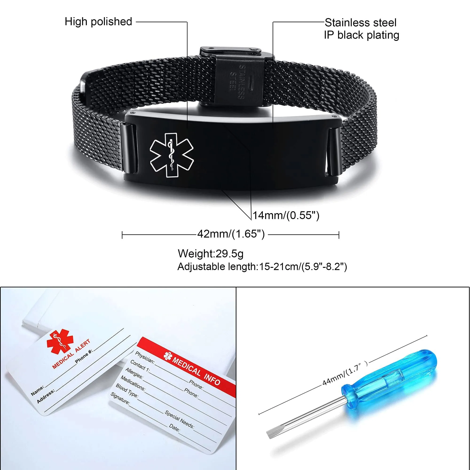 Vnox Bracciale Di Emergenza Bracciale Personalizzato Per Donne Mediche: Bracciali ID Personalizzati Incisione Bracciale Medico Regolabile In Acciaio Inossidabile Da Uomo,Nero - immagine 5