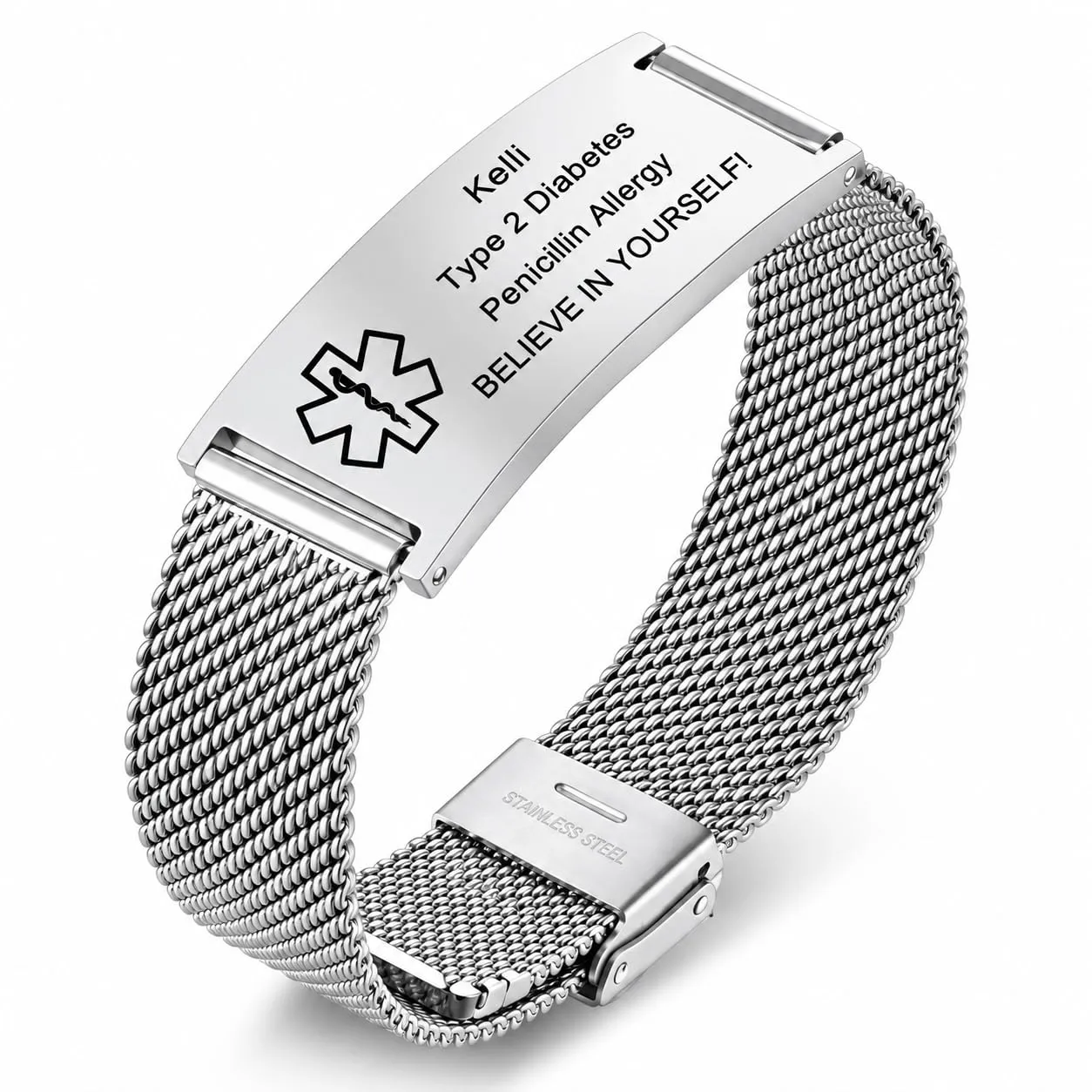 Vnox Bracciale di emergenza Bracciale medico personalizzato da donna: Bracciali identificativi personalizzati Bracciale medico regolabile da uomo in acciaio inossidabile con incisione - immagine 1