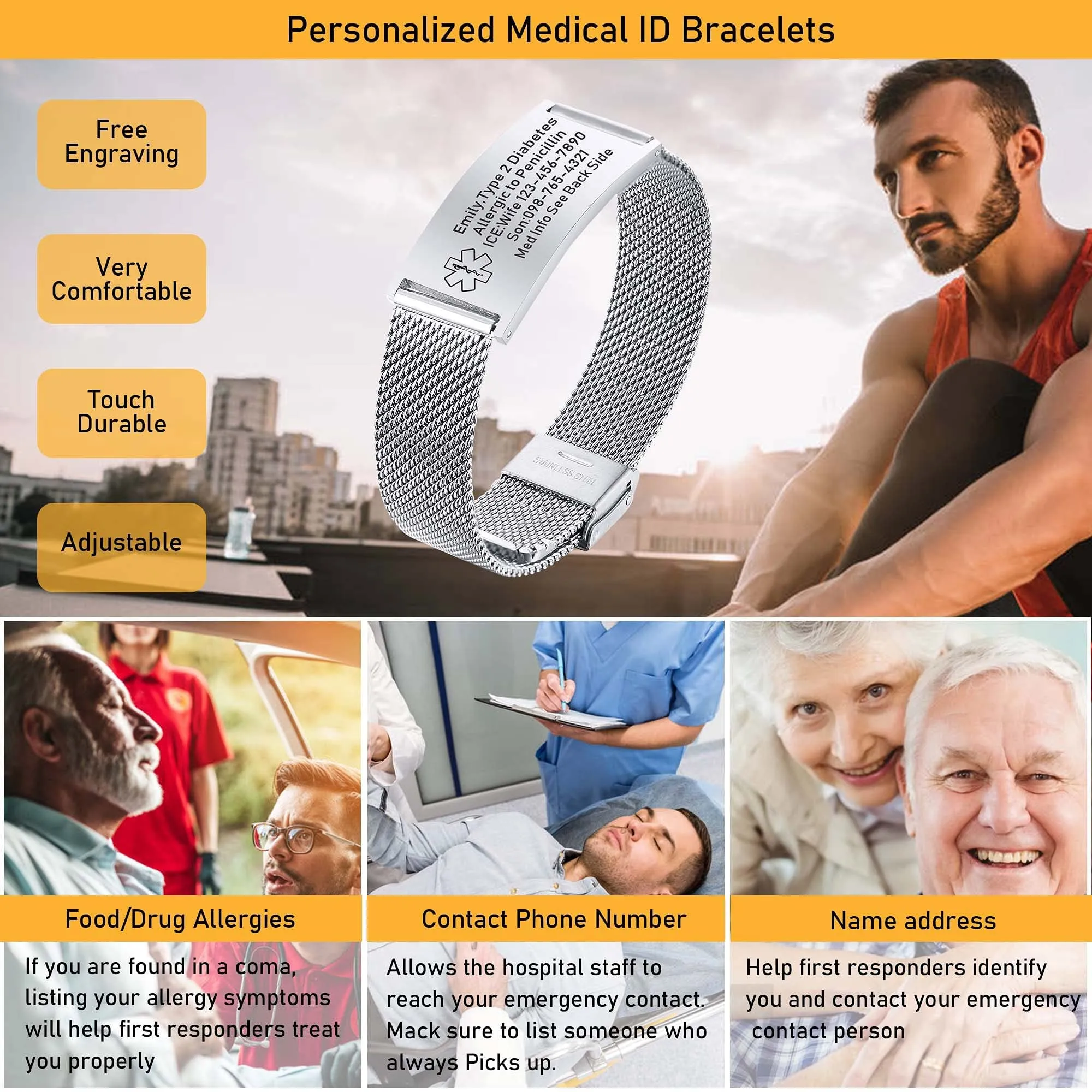 Vnox Bracciale di emergenza Bracciale medico personalizzato da donna: Bracciali identificativi personalizzati Bracciale medico regolabile da uomo in acciaio inossidabile con incisione - immagine 2
