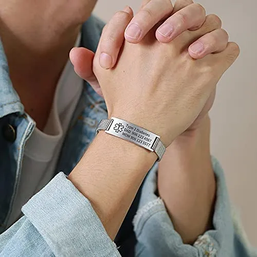 Vnox Bracciale di emergenza Bracciale medico personalizzato da donna: Bracciali identificativi personalizzati Bracciale medico regolabile da uomo in acciaio inossidabile con incisione - immagine 5